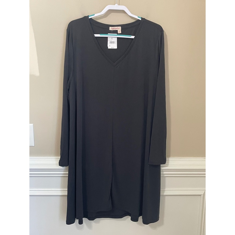 Fresh Produce Jetsetter Dress Womens 2X Black Ribbed Knit V-Neck Long Sleeve